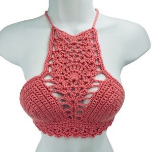Napper Women's Handmade Crochet Crop Top Pineapple Halter Knitted Cami Peach